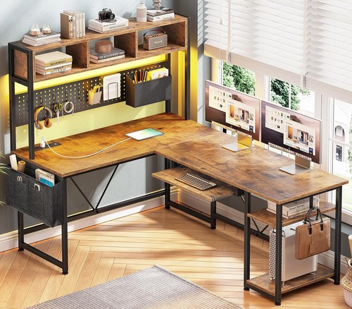 Shaped desk with hutch - desk, hutch&led